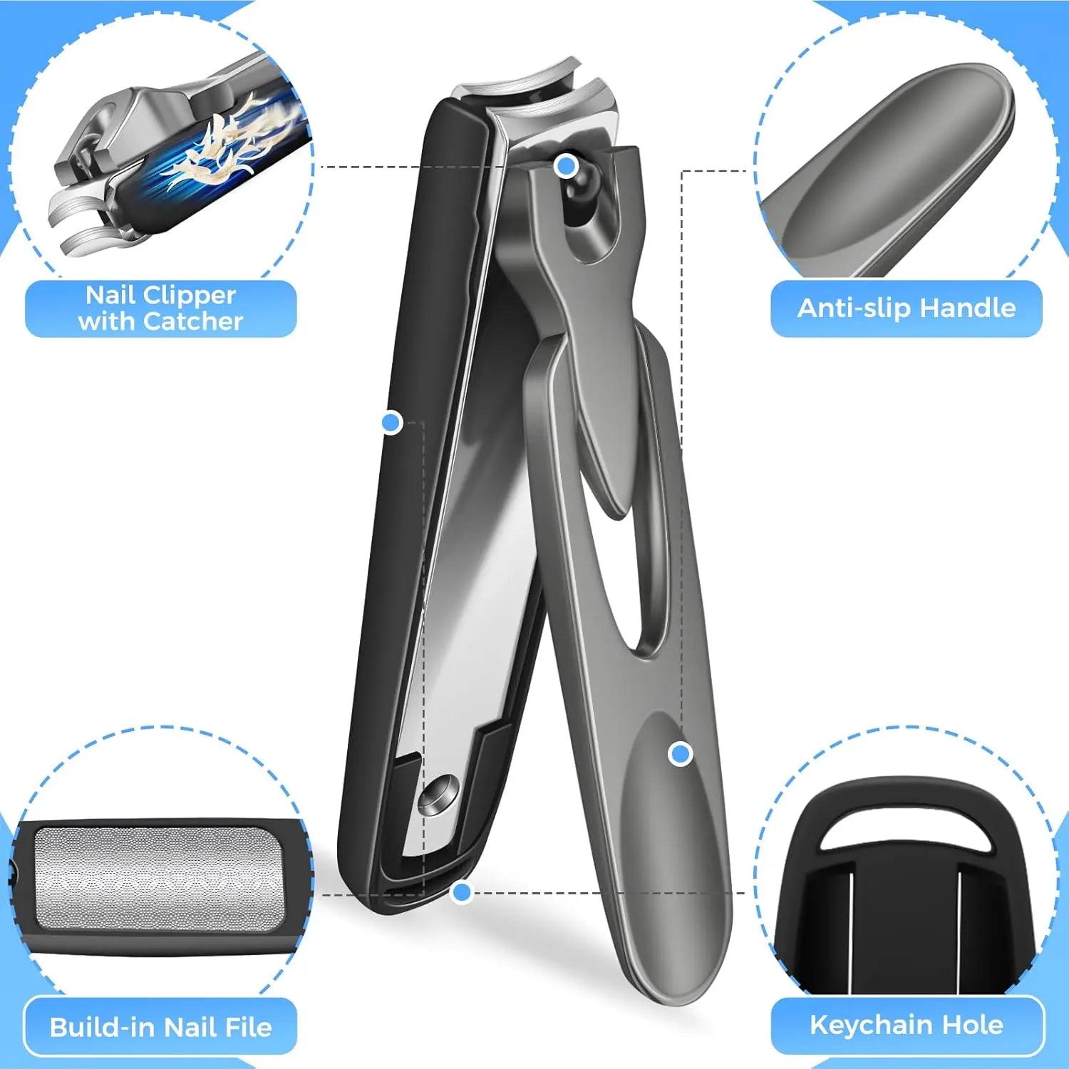 Nail Clippers for Men Women with Catcher, 2 Pack Large Small Anti Splash Self-Collecting Fingernail Toenail Clippers, Sharp Stainless Steel Heavy Duty Mess Free Nail Cutter w Catching Storage.